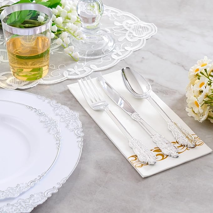 Fijinhom 350pcs Silver Plastic Plates, Elegant Disposable Dinnerware Set, 125 Pieces, White and Gold, Plates, Cups, Cutlery and Napkins (Silver, 50 Guests)