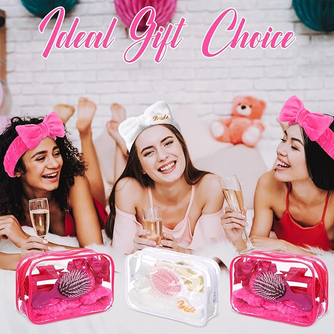 40 Pcs Bachelorette Favor Set Include Headband Scrunchies Hair Claw Clips Hairbrush and Makeup Bag for Bridal Shower Party Gifts Bridesmaid Wedding Supplies(White and Rose Red)