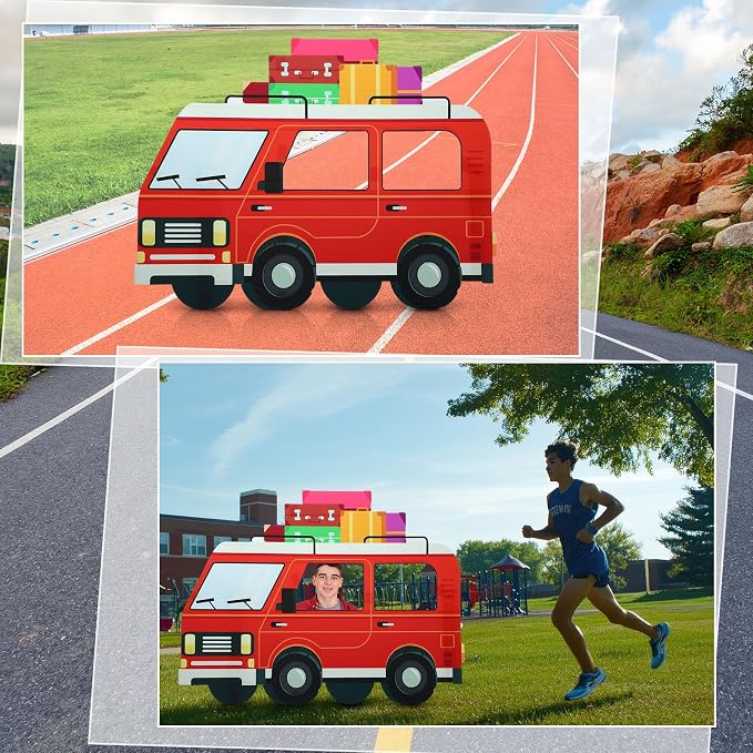 Amyhill 4.7 Feet on the Road VBS Red Van Cardboard Cutout Stand up Life Size Sunday School Backdrop Decor Christian Road Trip Party Decoration Photo Props Standup for Religious Church VBS Party Decor