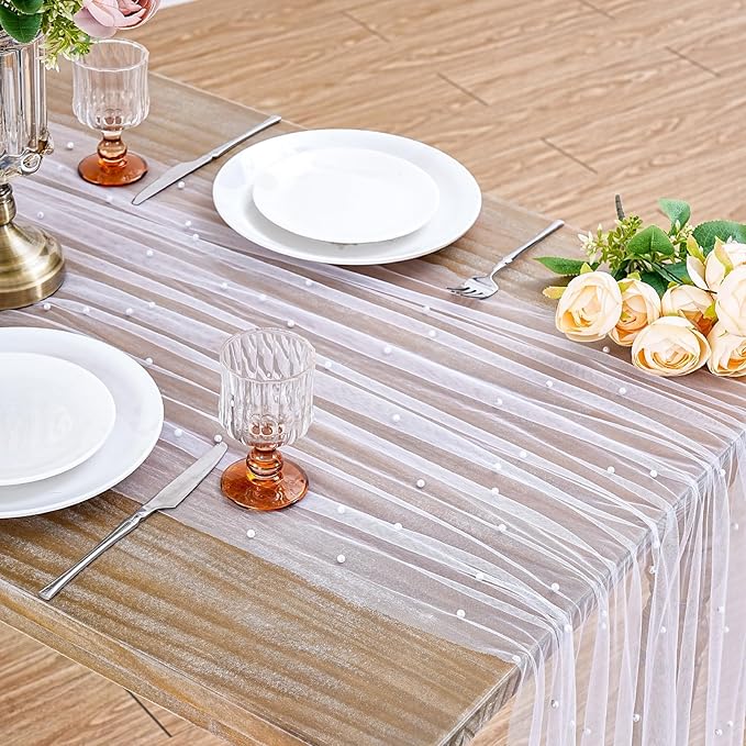 White Pearl Table Runner Tulle: 10ft Pearl Kitchen Linen 29x120 Inch Sheer Gauze Fabric for Wedding Decor Birthday Party Dining Table Cover