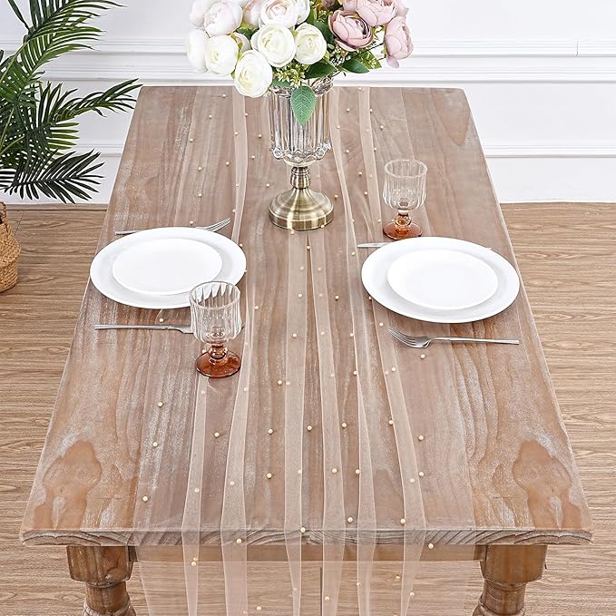 LuoluoHouse Pearl Table Runner Wedding Decor: 10ft Pearl Table Cloth 29x120 Inch Tulle Chiffon Fabric for Decortions Birthday Party Dining Table Cover (Tan,1pcs)
