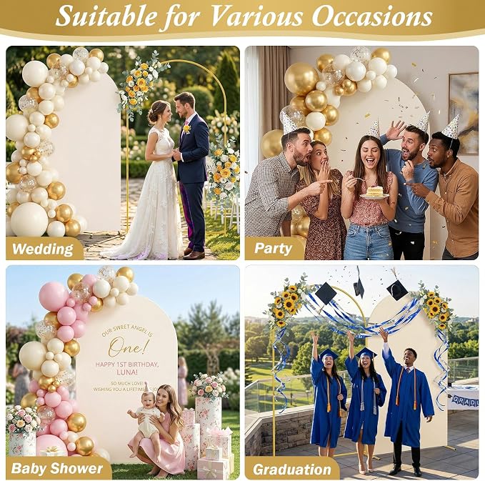Arttown 7.2FT Gold Metal Arch Backdrop Stand and Beige Arch Cover Set Suitable for Wedding Celebrations Birthday Parties Baby Showers Graduation Ceremonies Event Decoration