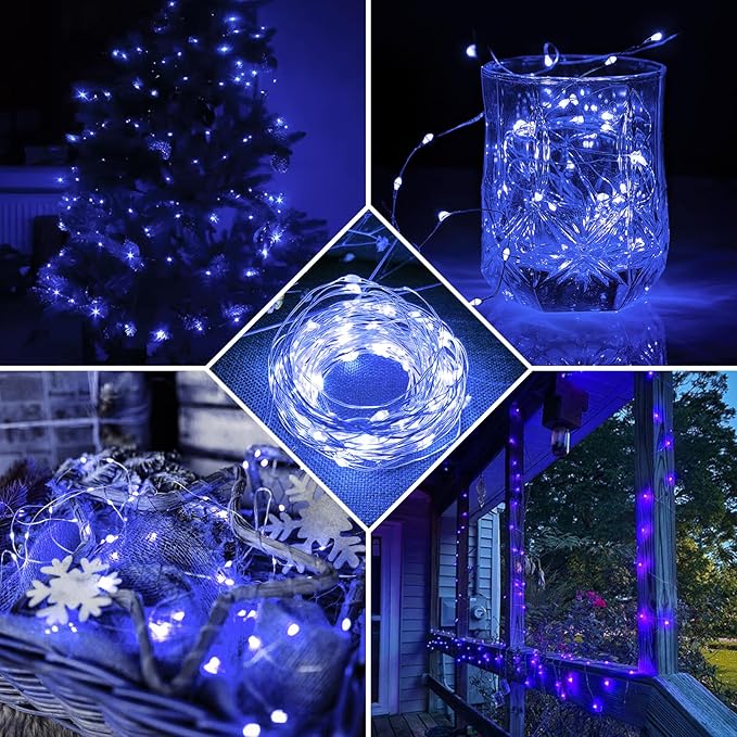 24 Pack Blue Fairy Lights 7Ft 20 LED Twinkle String Lights 3 Modes Battery Operated Waterproof Firefly Starry for Mason Jar Wedding Party 4th of July Christmas Day Table Centerpieces