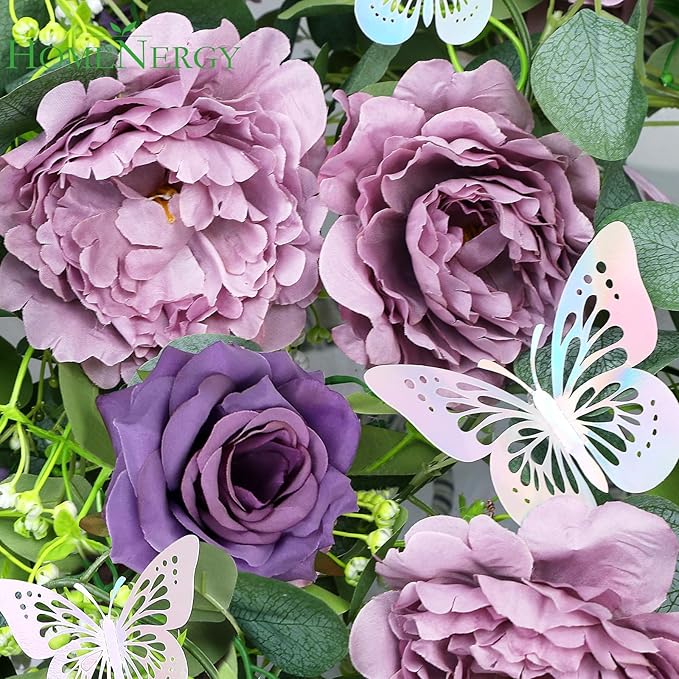 5.9 FT Artificial Eucalyptus Flower Garland with Butterflies - Pack of 1 Fake Rose Garland Faux Greenery Eucalyptus Garlands for Wedding Table Backdrop Arch Centerpieces Decorations - Purple