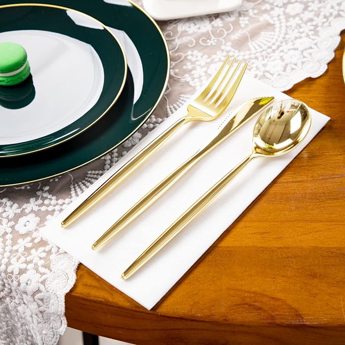 I00000 150Pcs Green Plastic Plates with Gold Rim, Fancy Disposable Plates,Green Plates Set include 30 Dinner Plate,30 Dessert Plate, 90 Plastic Silverware Set for Wedding&Party