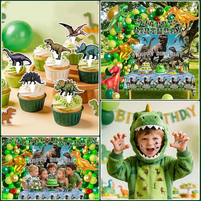 Dinosaur Birthday Party Decorations for Boys, Dino World Birthday Decorations Include Dinosaur Balloons, Banner, Backdrop, Cake Topper, Stickers for Kids, Tablecloth for Dinosaur Themed Party upplies