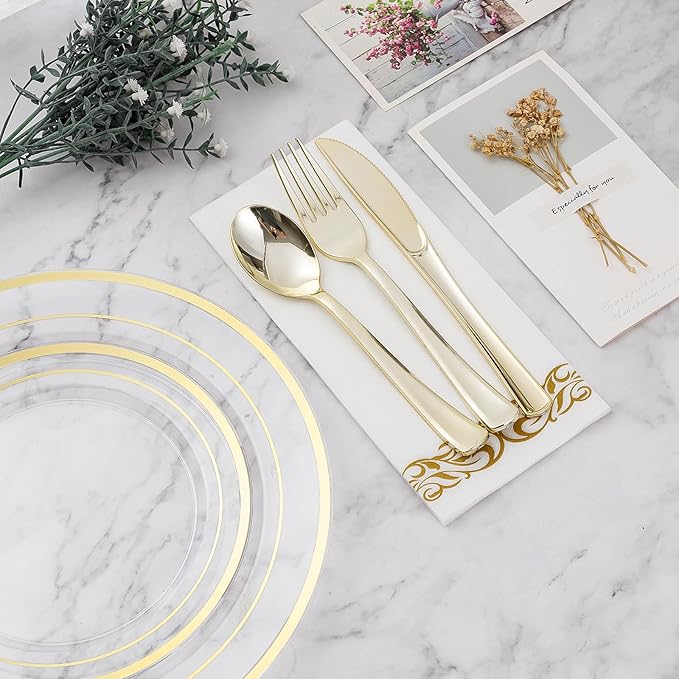 BESTVIP 175PCS Clear Gold Disposable Dinnerware Set for 25 Guests, Plastic Plates for Party, Wedding, Christmas, Include: 50Plastic Plates, 25 Gold Silverware, 25 Cups, 25 Napkins