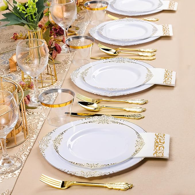 Bestluck 350PCS White and Gold Plastic Plates for 50 Guests, Disposable Dinnerware Set Includes 100 Disposable Plates, 150 Gold Silverware, 50 Cups, 50 Napkins for Party, Wedding