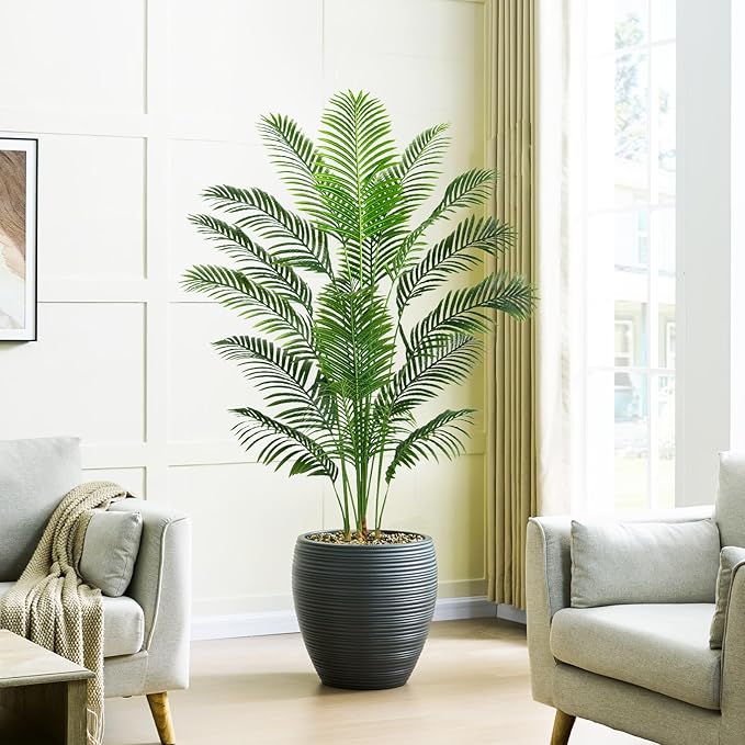 Artificial Palm Tree 7FT Faux Plants Indoor Tropical Fake Palm Tree Areca Floor Plant in White Pot with 18 Trunks & Real Bark Design, Faux Palm Plant for Outdoor Patio Home Room Office Decor