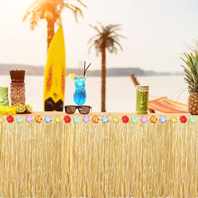 Fovths 4 Pack Luau Grass Table Skirt Natural 9 Feet x 29.5 Inch Hawaiian Table Skirt for Tropical Hawaiian Party Decorations Luau Party Costume Party, Green and Straw Yellow