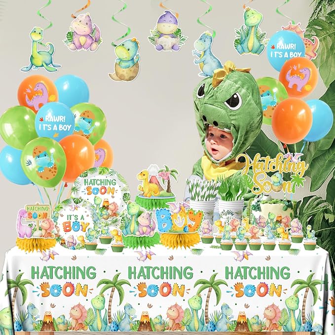 Dinosaur Baby Shower Decorations, Hatching Soon Party Ddecorations includes It's A Boy Plates Dinosaur Napkins and Balloons, Hatching Soon Dino Party Decorations for Boy Baby Shower, Serve 24