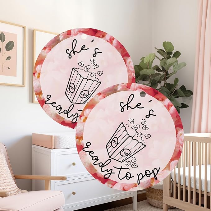 She’s Ready to Pop Popcorn Bags Tags for Baby Shower | 30pk 2.5” Circle Tag Label About to Pop It When She Pops Favors Blue Pink Champagne