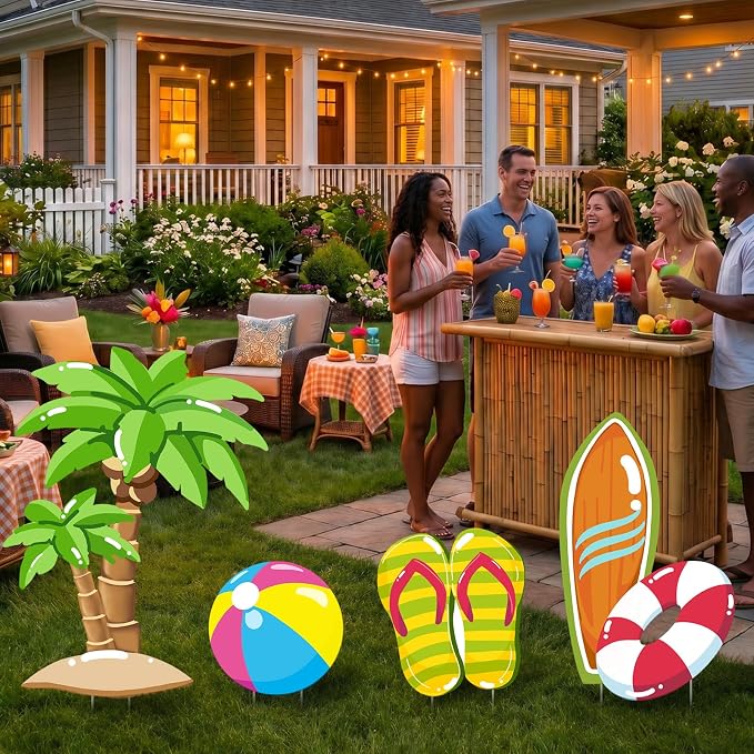 4 Pcs Large Summer Party Decorations, Hawaiian Yard Signs with Stakes Flip Flops Beach Ball Surfboard Palm Tree Cardboard Cutouts for Tropical Birthday Baby Shower Indoor Outdoor Photo Prop