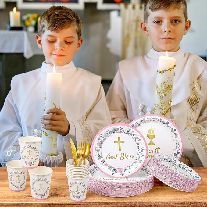 Kochorie 400 Pieces Pink First Communion Decorations, Disposable First Holy Communion Party Tableware Set with Plates Cups Napkins Cutlery Serves 50 for Baby Shower God Bless Baptism Party Supplies