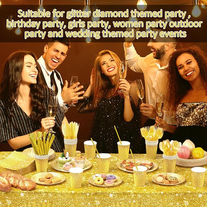 Funnymoom 452 Pcs Gold Birthday Party Decorations Include Golden Diamond Paper Plates and Napkins Cups Tablecloth Cutlery Straws Glitter Disposable Tableware for Birthday Anniversary Wedding