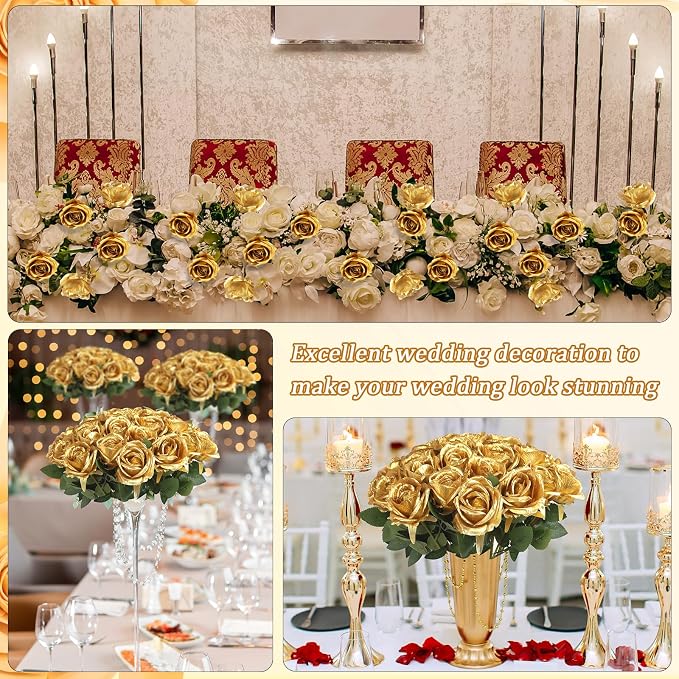 90pcs Silk Roses Artificial Flowers Gold Fake Rose with Long Stem for Arrangement Wedding Party Home Decoration