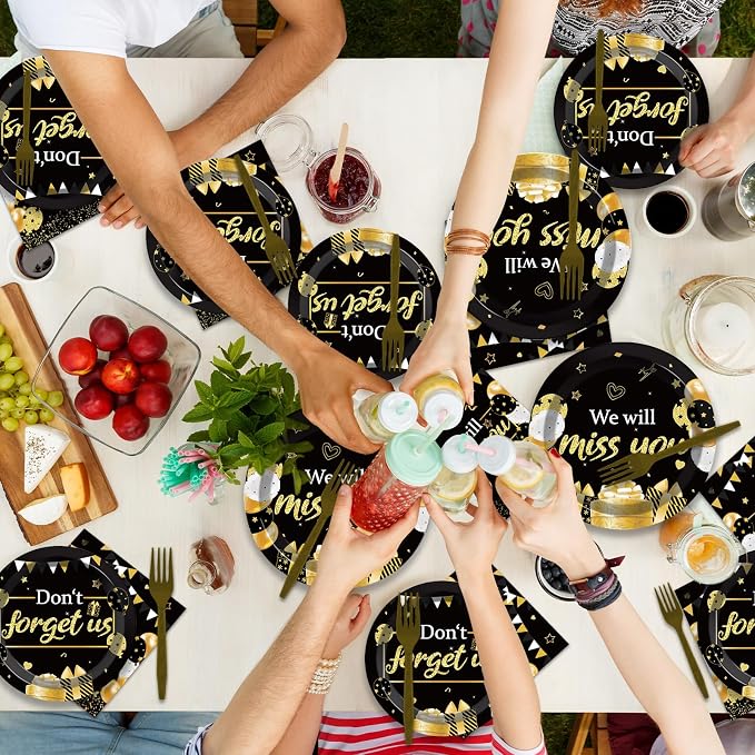 50 Guests We Will Miss You Plates and Napkins Party Supplies Farewell Party Decoration Disposable Paper Cake Tableware Set Black and Gold Goodbye Party Dinnerware Favor for Employee Retirement, 200PCS