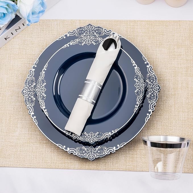 Bestluck 175PCS Navy Blue Plates for 25 Guests, Disposable Dinnerware Sets Include 50 Plastic Plates, 25 Silverwares, 25 Cups, and 25 Pre Rolled Napkins for Party, Wedding and Graduation
