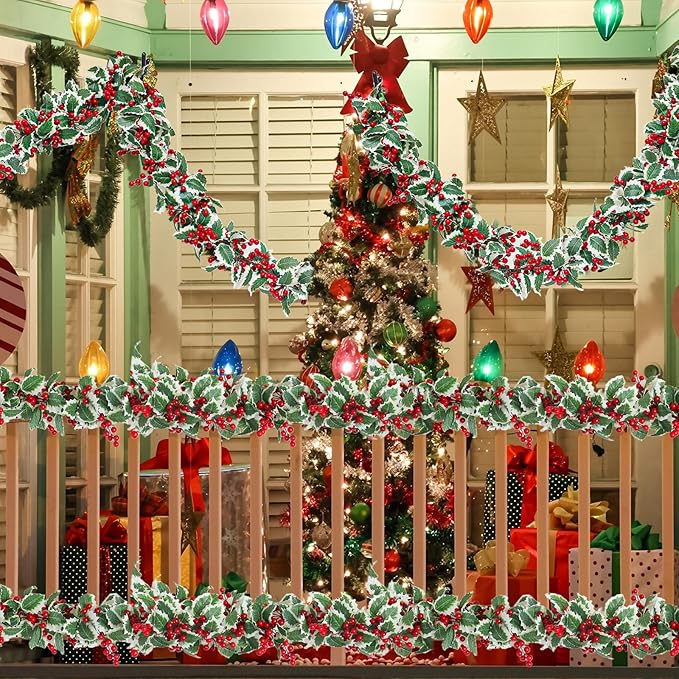 Zerzsy 2 Pack Artificial Red Garland,Eucalyptus Garland Green Leaves with Red Berry,Faux Hanging Garland Vine Plants Decorations for Table, Mantle, Staires, Wall, Indoor/Outdoor(2pcs-Red)