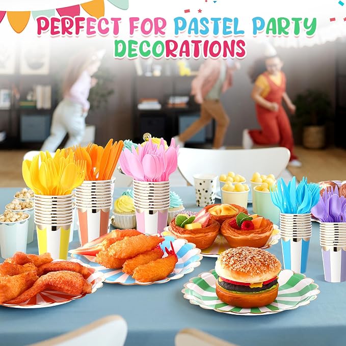 Mimorou 150 Pcs Pastel Scalloped Paper Plates Disposable Macaron Party Plates 7 Inch Gold Edge Colorful Dinnerware Set Striped Pastel Rainbow Tableware for Wedding Birthday Baby Shower Party Supplies