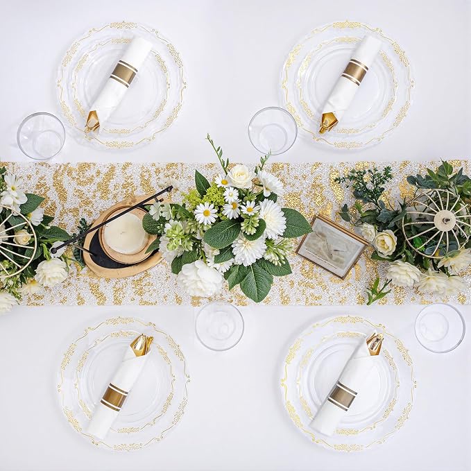 U-QE 175 Pieces Gold Plastic Plates and Napkins Party Supplies - Clear and Gold Dinnerware Set 25 Guest - 25 Dinner Plates, 25 Dessert Plates, 25 Per Rolled Napkins with Cutlery, 25 Cups 9 OZ