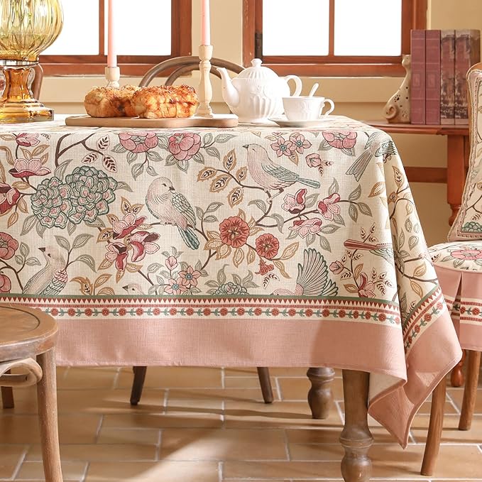 patdrea Vintage French Linen Tablecloth,Rectangular,79"x55"-Kulom A | Elegant Table Cloth for Rectangle Table,Leaves and Bird Patterned,Dining Room Tea Party Thanksgiving Decor,Pink