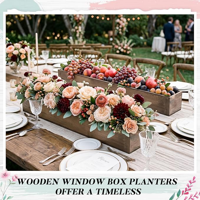 Dandat 1 Set Wood Boxes for Centerpieces 34x5 Inch Rectangle Wooden Planter Box Rustic Wooden Planters with Removable Plastic Liner Floral Foam Blocks for Christmas Wedding Home Garden Decor(Brown)
