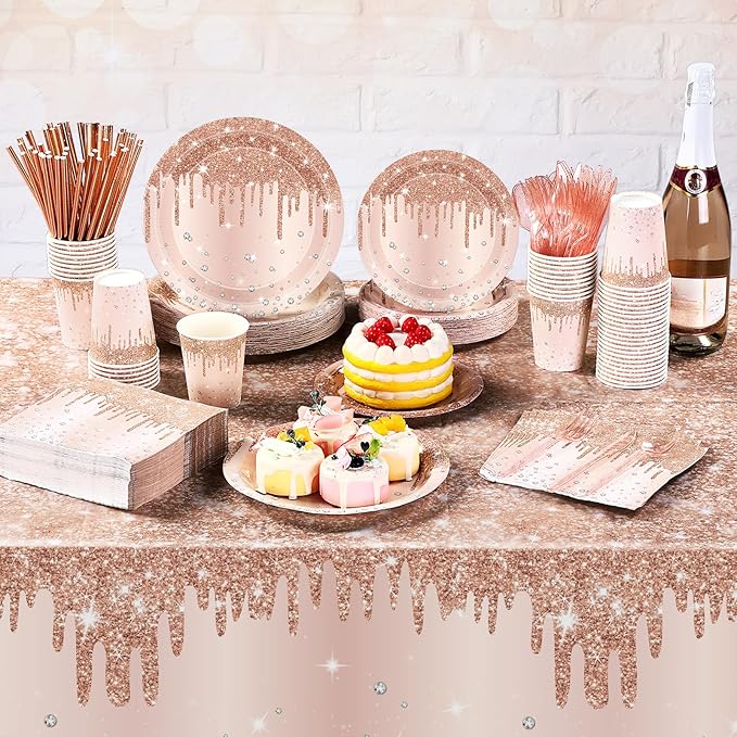 Funnymoom 452 Pcs Rose Gold Party Supplies Birthday Decorations Include Glitter Rose Gold Paper Plates and Napkins Cups Tablecloth Cutlery Straws Disposable Tableware Set for Women Birthday
