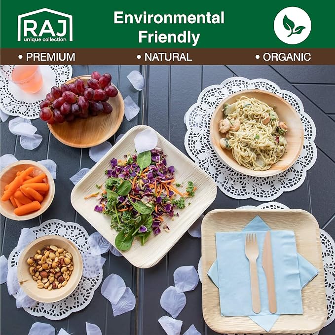 Raj Disposable Palm Leaf Bowls (50 Count, 6.5" Bowl) Strong Bowls Like Bamboo Party Bowl - Decorative Compostable Tableware for Lunch, Dinner, Birthday, Outdoor, BBQ, Picnic, Parties