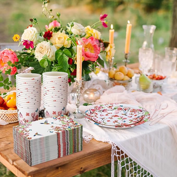 Sinmoe 400 Pcs Summer Hummingbird Floral Plates and Napkins Set Flower Dinnerware Disposable Party Supplies for 50 Guest Dinnerware Knife Fork Spoon for Summer Hummingbird Birthday Party Decoration