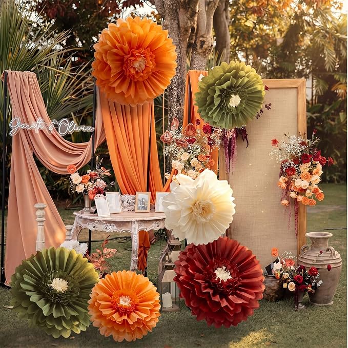 Giegxin 6 Pcs Giant Fall Paper Flowers Pumpkin Orange Sage Green Tissue Pom Poms Autumn Crepe Paper Flowers for Fall Wedding Baby Shower Birthday Boho Bridal Shower Backdrop Party Decorations