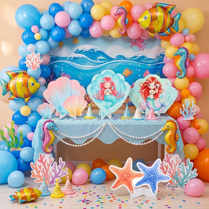 Honoson 4 Pcs Large 30" Small Mermaid Princess Birthday Cardboard Cutouts Standup, Ocean Shell Starfish Photo Backdrop Props for Princess Theme Mermaid Party Decorations