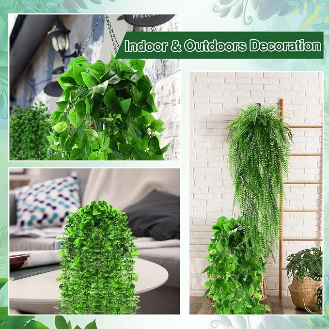 Daifunli 12 Pcs Artificial Hanging Plants Fake Hanging Ferns Plastic Faux Plants for Wall Room Garden Garland Indoor Outdoor Decor No Basket (Boston,Eucalyptus,Ivy Vine,String of Pearls)
