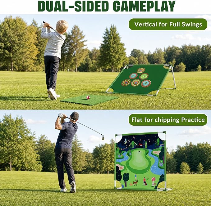 Owine Golf Chipping Game Set, 70" x70'' Double Sided Golf Hitting Mat with 2 Clubs and 20 Sticky Balls, Indoor Outdoor Golf Practice Game for Adults Kids, Home Sport Party/Backyard Party Activity