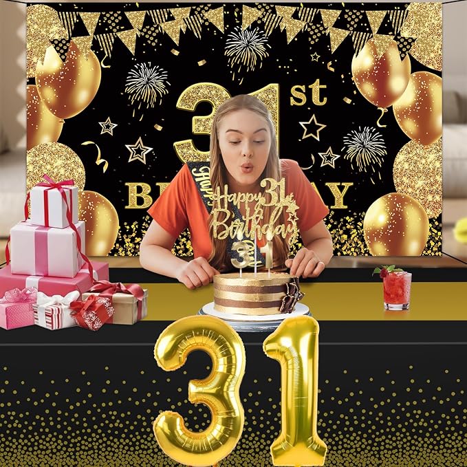 31st Birthday Decorations Men Women with 31st Birthday Banner, Black and Gold Table Cloth, Number Balloons, Large Sash, Cake Topper and Candles