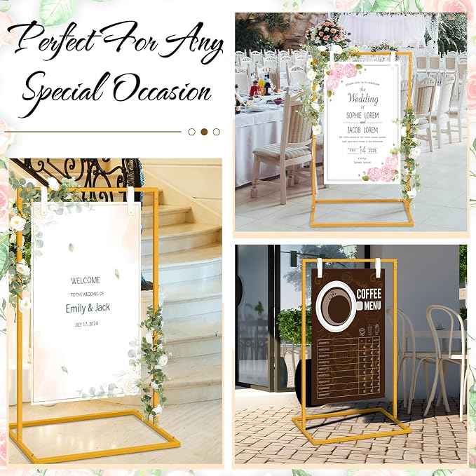 MorningRo Wedding Welcome Sign Stand 50”x30”x20” Welcome to Our Wedding Sign Holder with 2 Leather Straps Easel Stand for Signs Metal Display Poster Holder for Ceremony Party(White, Gold)