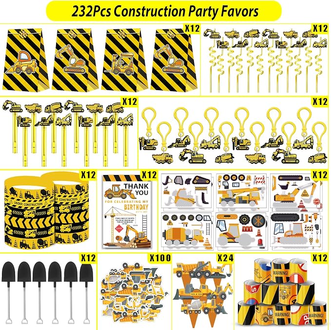 PLOUGVI 232PCS Construction Birthday Party Supplies Decorations Favors, Construction Theme Toys for Goodie Bag Stuffer, Pinata Filler Gifts