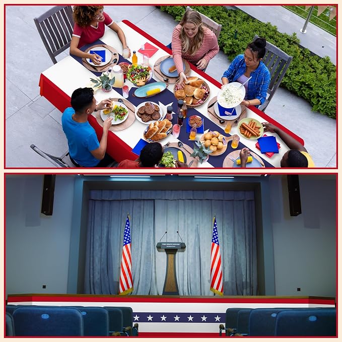 Kochorie 100 Ft x 54 Inch 4th of July Tablecloths Roll with Slide Cutter Box Patriotic Disposable Plastic Table Cover Roll Independence Day Backdrop for Memorial Day Party Supplies