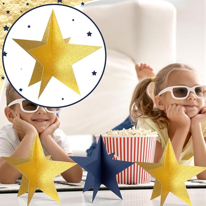 Sinload 18 Pcs Large 3D Glitter Star Decorations Back to School Work Blue Gold Star Centerpiece Standing Hanging Decor for School Centerpiece Starry Movie Night Themed Party Decor