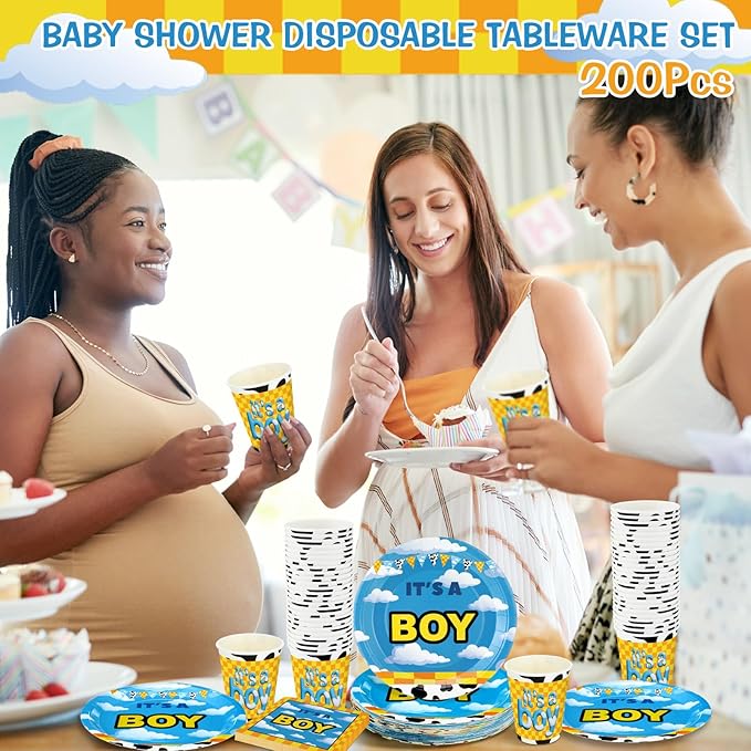 Hushee 200 Pcs Cartoon Story Baby Shower Paper Plates Napkins Cups Baby Shower Party Supplies Tableware Set Disposable Cup Napkin for 50 Guest Party Decoration