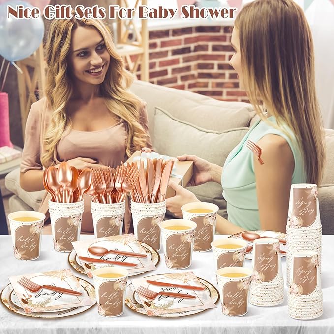 Dandat 350 Pcs Baby Shower Plates Set Baby Shower Party Supplies Serves 50 Tableware Sets Include Plates Napkin Cup Forks Knives Spoons Disposable Dinnerware(Boho Pampas Grass,Brown)
