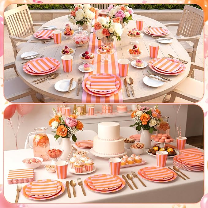 Mimorou 350 Pcs Orange and Pink Striped Paper Plates and Napkins for 50 Guests, Orange Disposable Tableware Plates Cup Napkins Spoon Fork Knife for Sunset Wedding Baby Shower Birthday Party Supplies