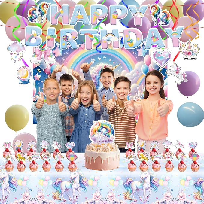 220Pcs Unicorn Party Birthday Supplies - Unicorn Party Decorations Included Backdrop, Banner, Tablecloth, Hanging Swirls, Cupcake Toppers, Tableware, Paper Towel, Latex Balloons