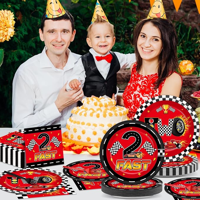 96 Pcs Race Car 2nd Birthday Party Supplies Hot Car Checkered Tableware Set Two Fast Table Decoration Racing Themed Plates Napkins and Forks for 2nd Boys Kids Birthday Baby Shower Serve 24