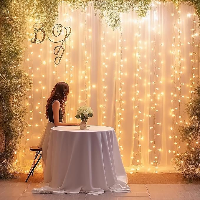 20ft x 10ft White Sheer Tulle Backdrop Curtain with Lights String- Wedding Backdrop Decorations for Reception Ceremony Home Party Photoshoot Background Fabric Curtains Backdrop