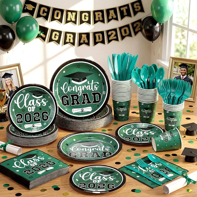 Funnymoom 400 Pcs Graduation Party Supplies Class of 2026 Graduation Paper Plate Napkin Cup Cutlery Congrats Grad Disposable Tableware Set for Grad Party Decorations, Serve 50 (Green, White)