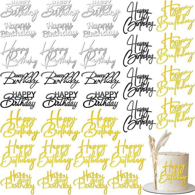 Barydat 50 Pcs Happy Birthday Cake Toppers Bulk Mirror Acrylic Cupcake Topper Cupcake Decorations Happy Birthday Sign for Cake Side Inserts Decor Party Supplies 10 Style (Mixed Colors)
