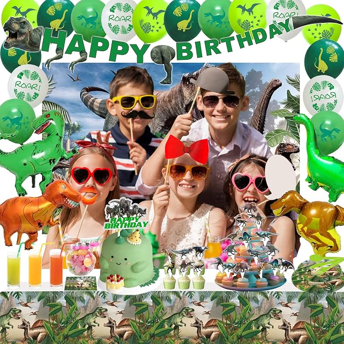 Dinosaur Themed Birthday Party Decoration Kit - Includes Backdrop, Tablecloth, Birthday Banner, Cake/Cupcake Toppers, Hanging Swirls, Disposable Tableware Set, Latex and Foil Balloon