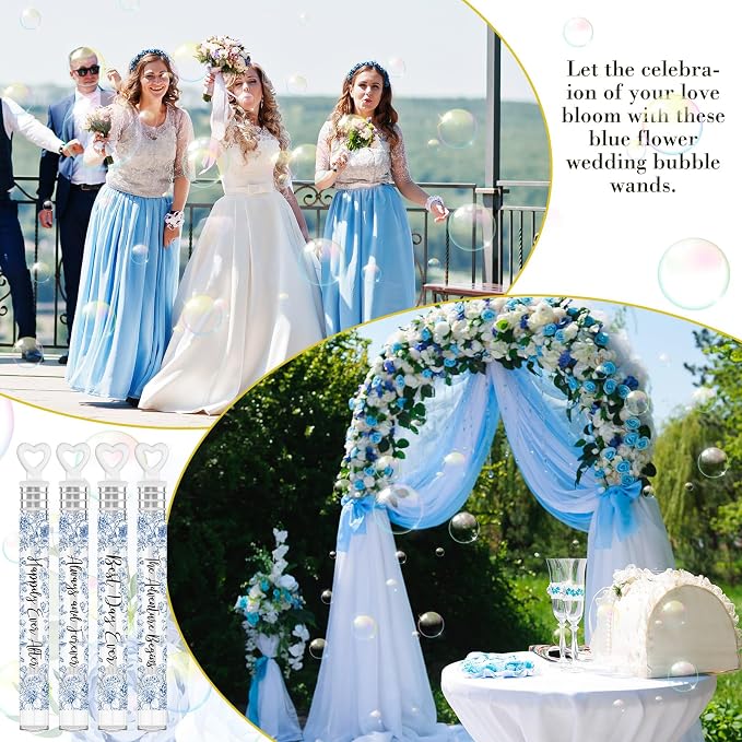 Hollowfly 120 Pack Blue Flower Wedding Mini Bubble Wands for a Wedding Bulk White Heart Bubble for Guests Send Off Wand Adults Bridal Exit Shower Party Supplies Valentine Anniversaries Celebration