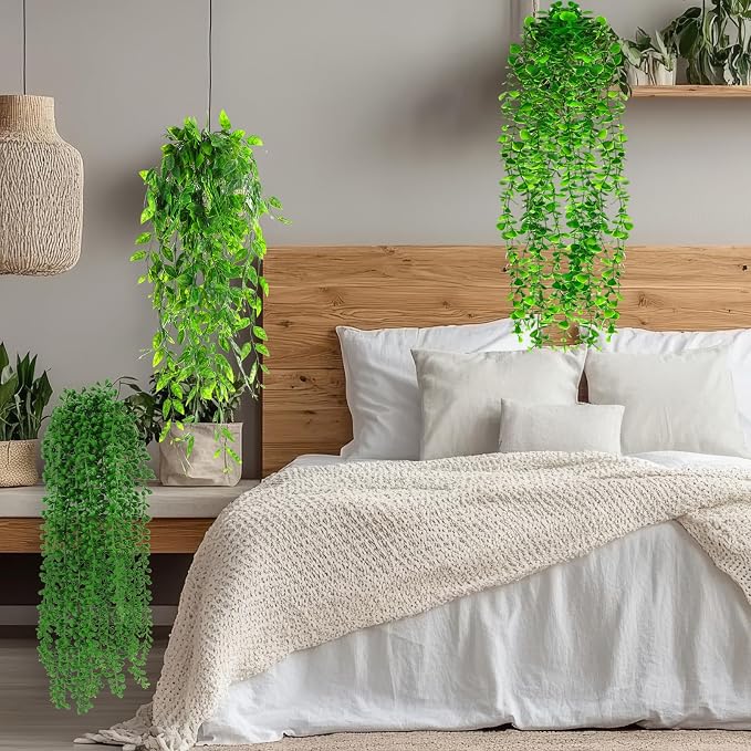 Daifunli 16 Pcs Artificial Hanging Plants Fake Hanging Ferns Plastic Fake Plants for Wall Room Garden Garland Indoor Outdoor Decor No Basket (Eucalyptus,Mandala,String of Pearls,Pea)